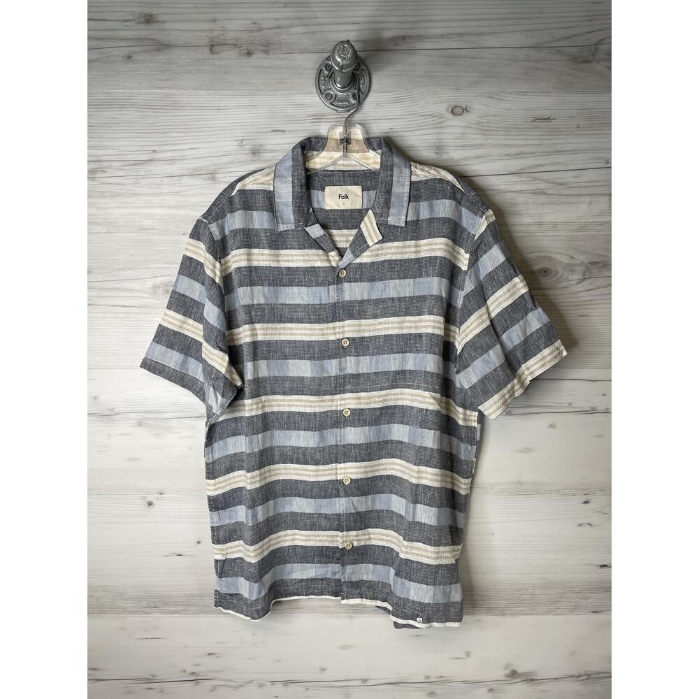 Folk Shirt Mens Large Blue Stripe Linen Cotton Short Sleeve Button Up Casual